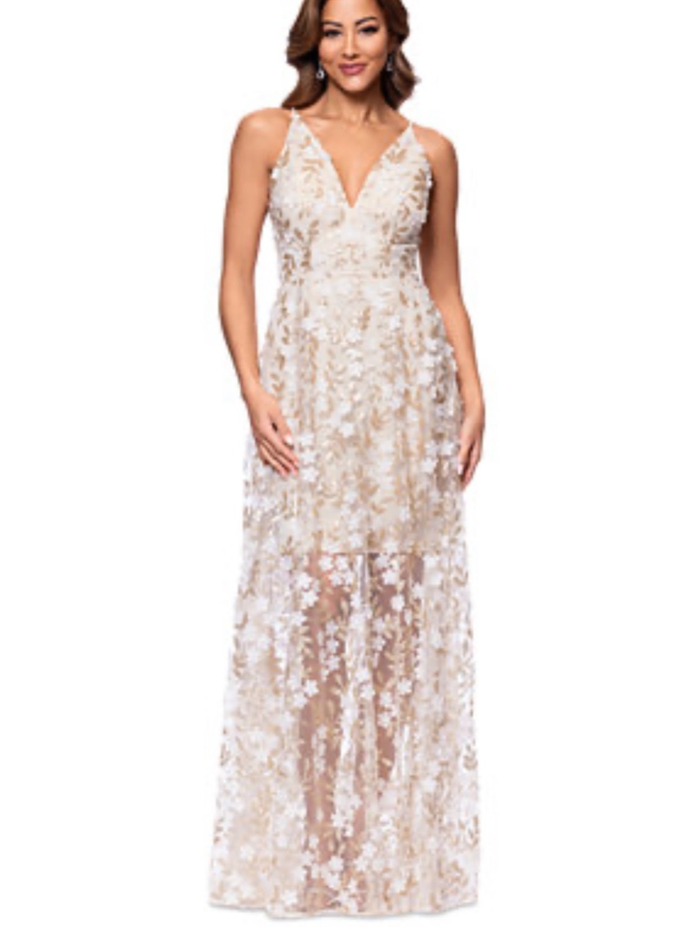 Xscape Ivory and Gold Floral Lace Maxi Dress